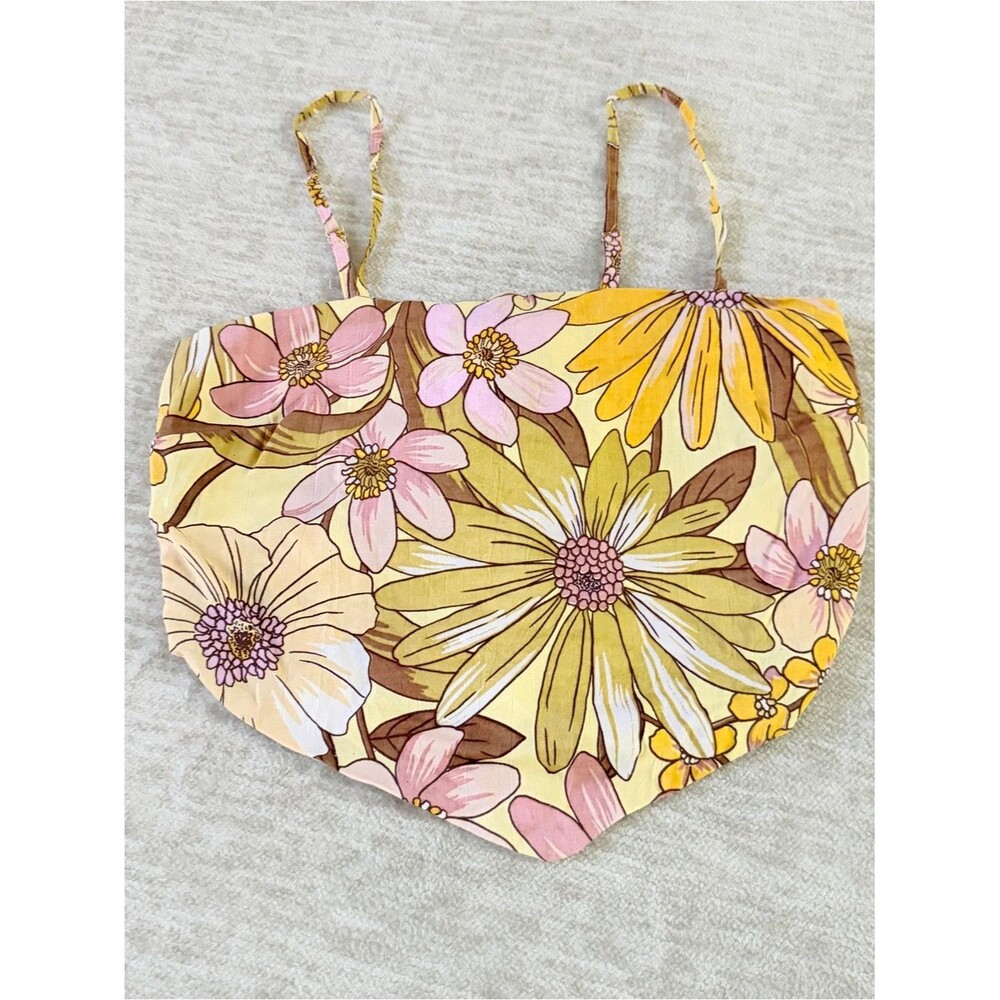 Angie Retro Floral Handkerchief Hem Crop Top Yellow Boho Woodstock Small